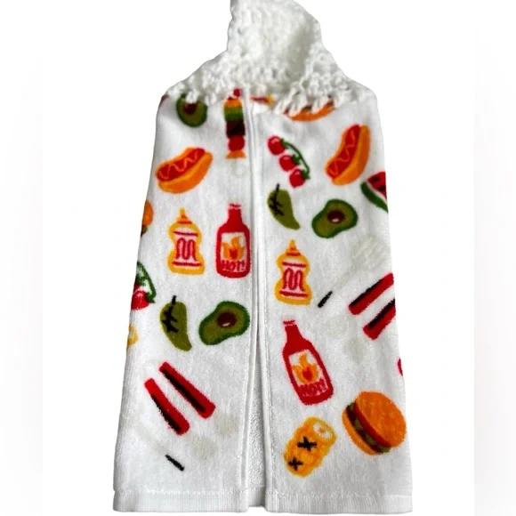 HAND CRAFTED Crocheted Top Colorful Summer BBQ Theme Hanging Kitchen Hand Towel - Picture 6 of 6